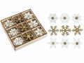 Decorazioni a fiocco di neve in legno con biadesivo e glitter in espositore, set da 4 pezzi, cm 3,5 x 3,5 H