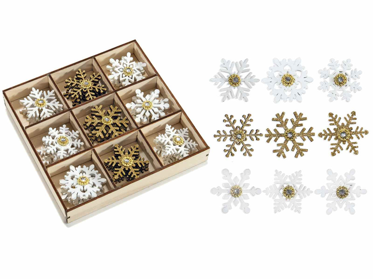 Decorazioni a fiocco di neve in legno con biadesivo e glitter in espositore, set da 4 pezzi, cm 3,5 x 3,5 H