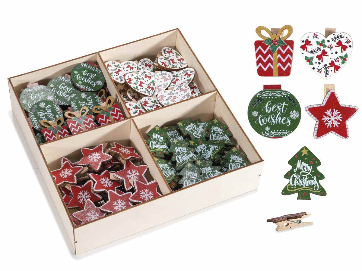Mollettine decorative natalizie in legno a forma di pacchetto regalo, stellina, set da 2 pezzi, cm 3 x 4 H