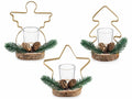 Portacandela di Natale in legno e metallo con pigne e rametti di pino, set da 3 pezzi, cm 15,5 x 9 x 16,5 H