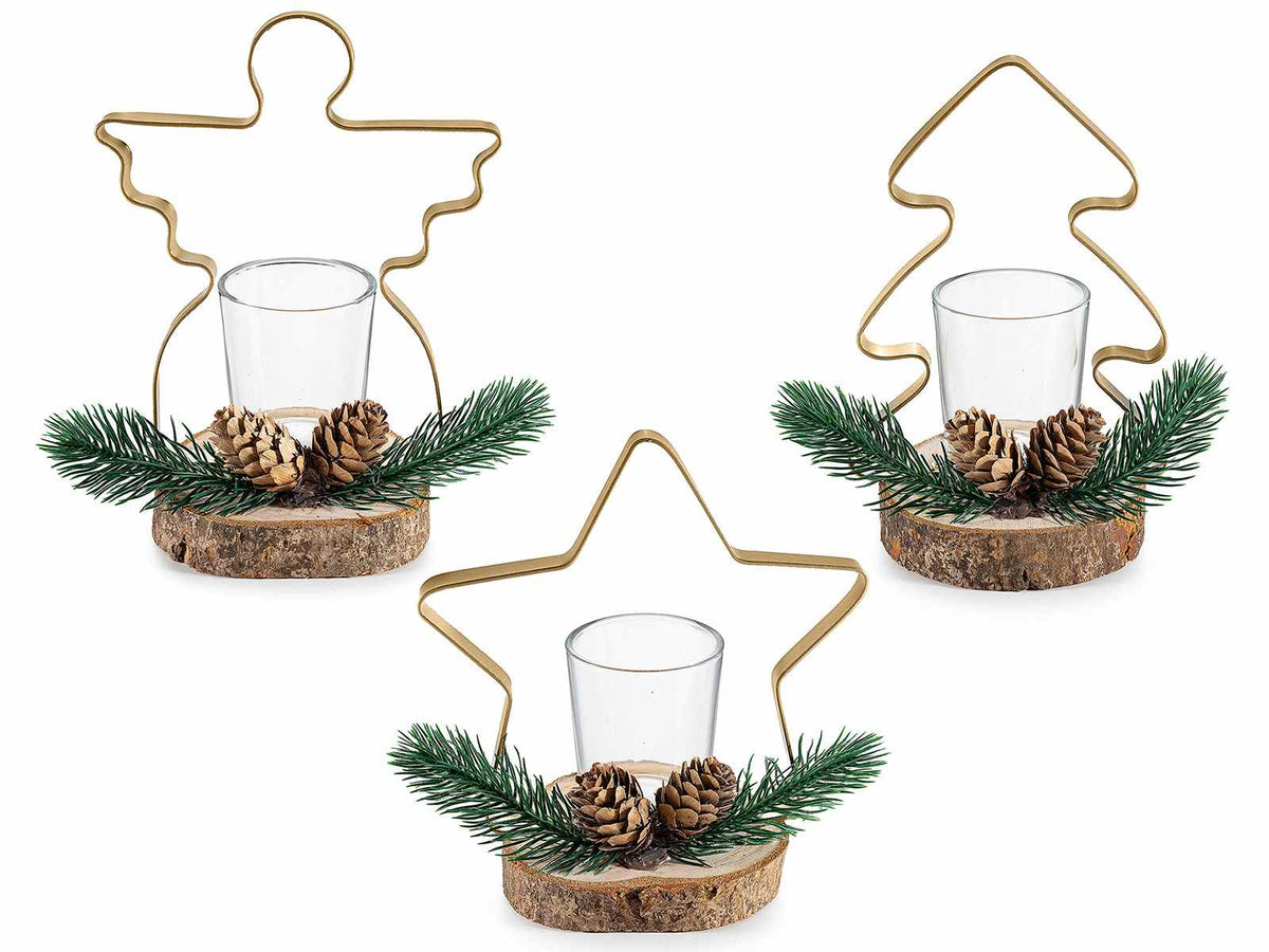 Portacandela di Natale in legno e metallo con pigne e rametti di pino, set da 3 pezzi, cm 15,5 x 9 x 16,5 H