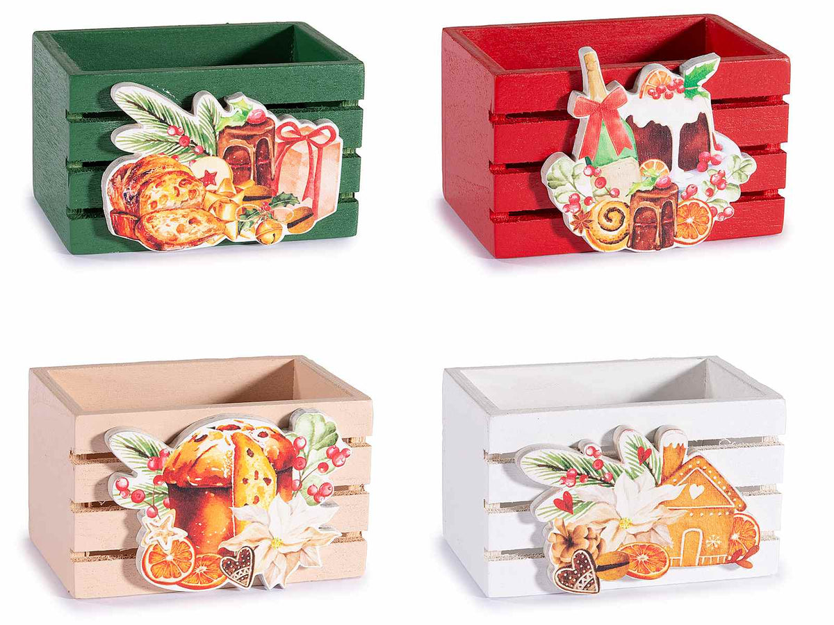 Cestini di Natale in legno colorato a staccionata con decoro natalizio, set da 16 pezzi, cm 8,5 x 6 x 5 H