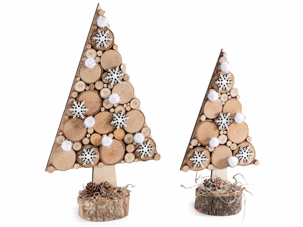 Alberi natalizi in legno con pompon e fiocchi di neve decorativi in set da due, set da 2 pezzi, Grande: cm 17 x 7 x 31 H