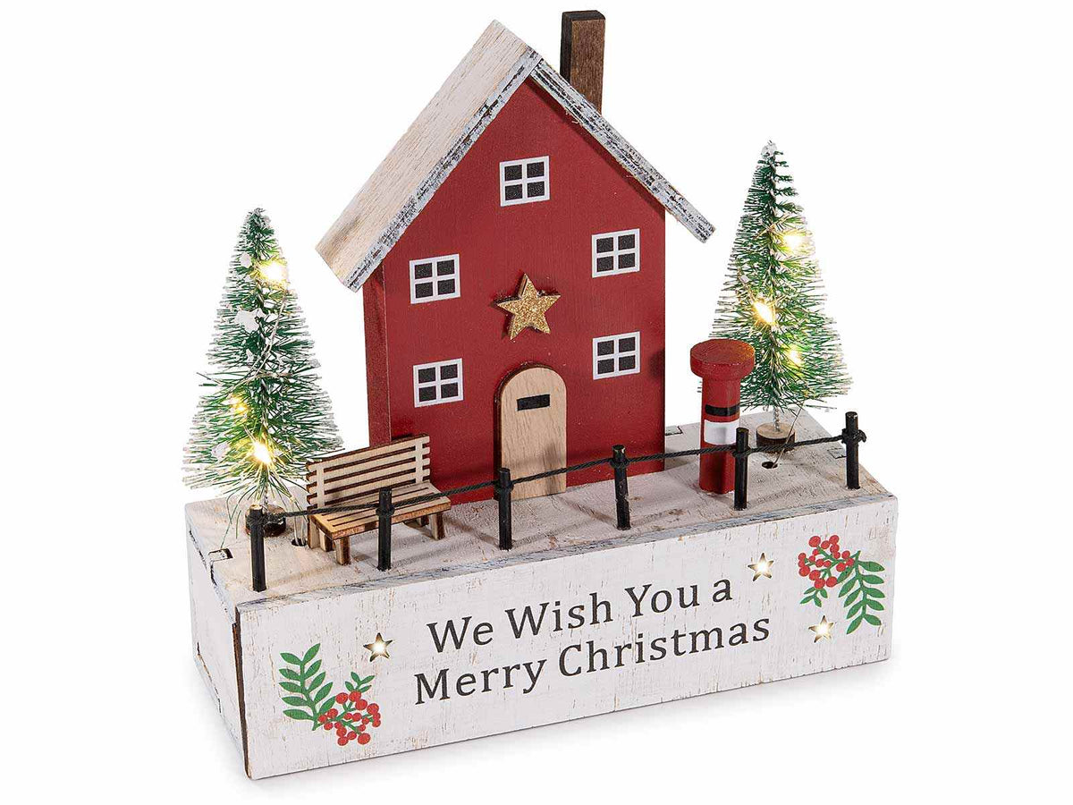 Decorazioni di Natale in legno con casetta , alberi, luci LED e scritta We Wish, set da 4 pezzi, cm 16,5 x 6 x 16,5 H