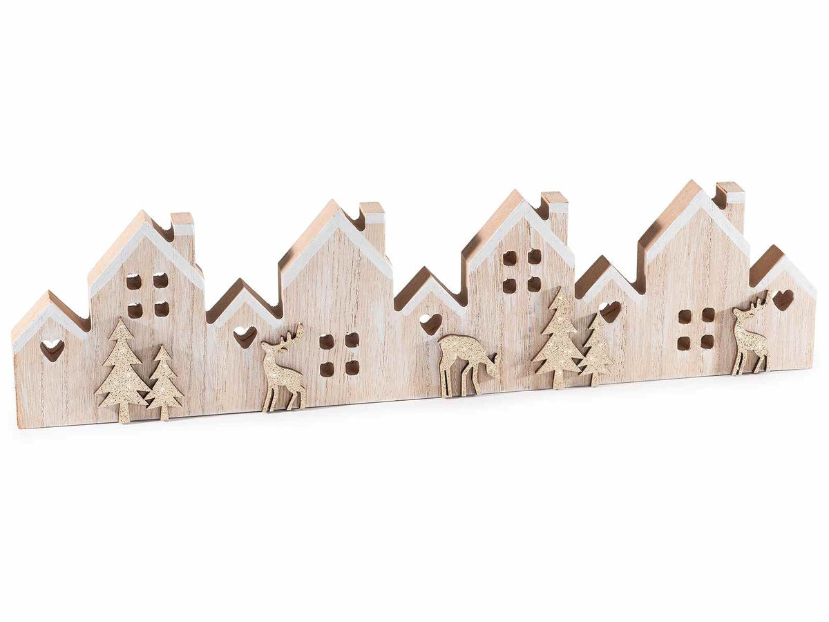 Decorazioni di Natale a villaggio di casette in legno con pini e renne, set da 8 pezzi, cm 38,5 x 2 x 9,5 H
