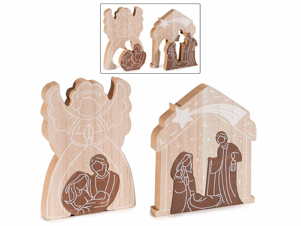 Presepe in legno componibile con decori sacra famiglia da appoggiare, set da 4 pezzi, cm 13,5 x 2 x 19 H
