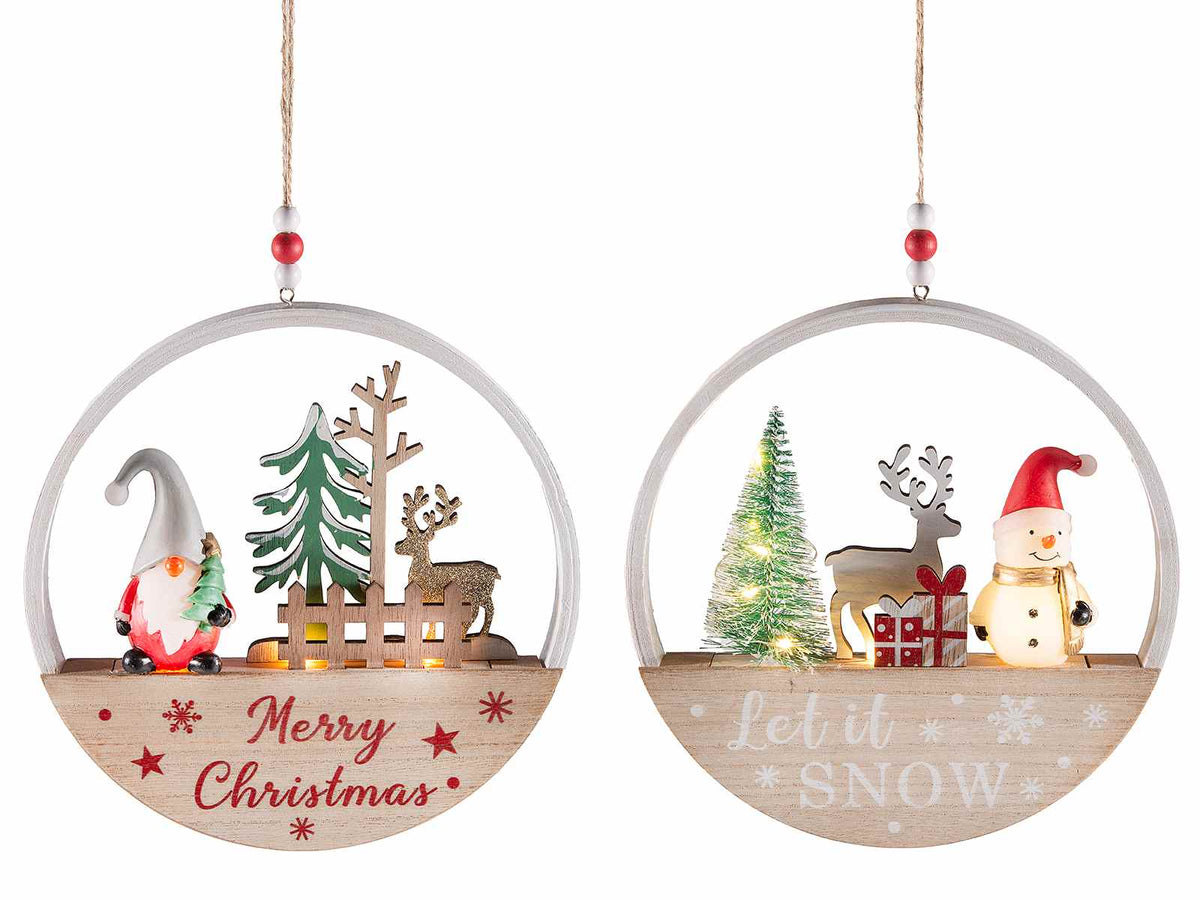Decorazioni di Natale in legno con luci LED da appendere con scritte Merry, set da 2 pezzi, Ø 20 cm