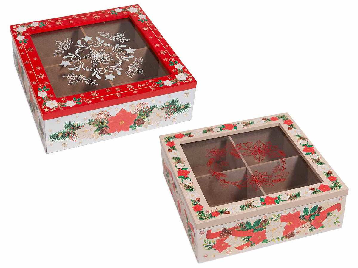 Scatole té, spezie di Natale in legno con vetrinetta, a 4 scomparti, set da 4 pezzi, cm 18 x 18 x 6 H
