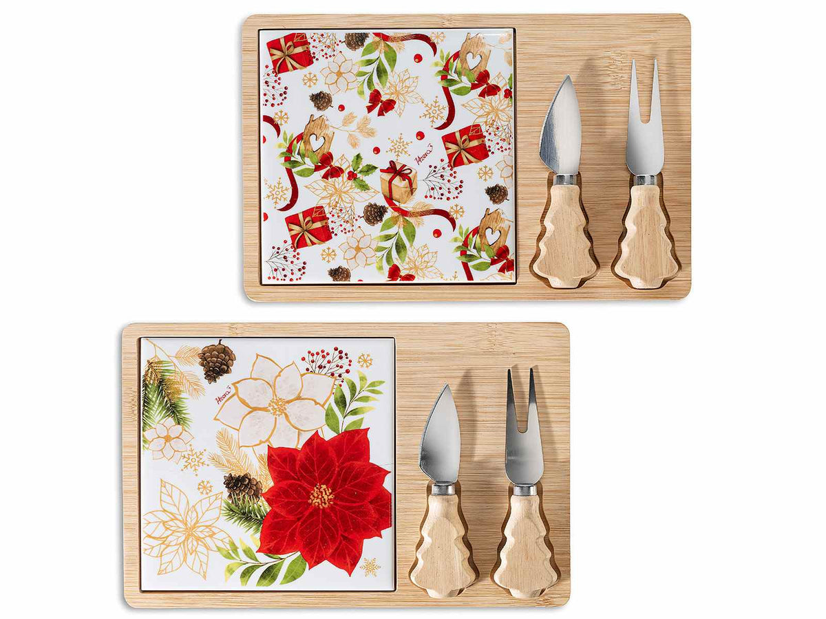 Set aperitivo a tagliere di Natale in legno e ceramica decorata con stella, set da 2 pezzi, Tagliere: cm 26,5 x 17 H