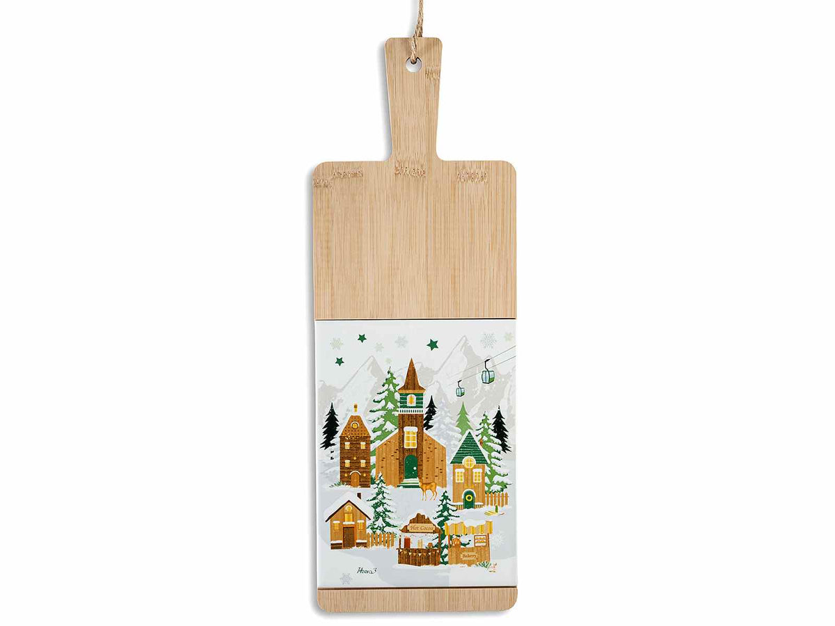 Taglieri di Natale / set aperitivo in legno e ceramica con decoro paesaggio, set da 3 pezzi, cm 15 x 42,5 H