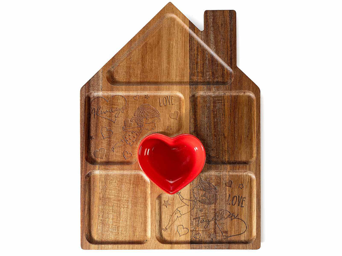Vassoio / tagliere per San Valentino in legno di acacia a forma di casetta, set da 3 pezzi, Vassoio: cm 22 x 30 H