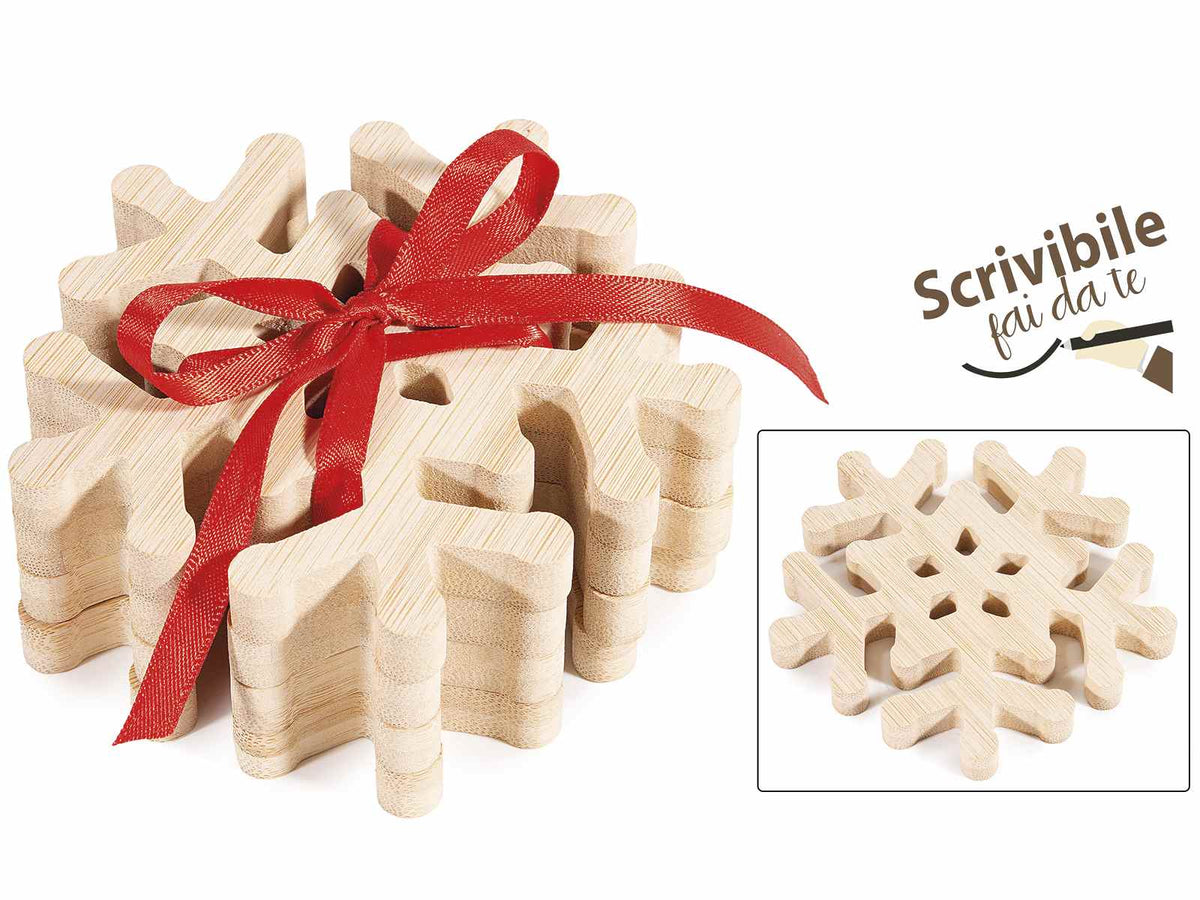 Sottobicchieri di Natale in legno a fiocco di neve con nastrino regalo, set da 8 pezzi, cm 10 x 10 H