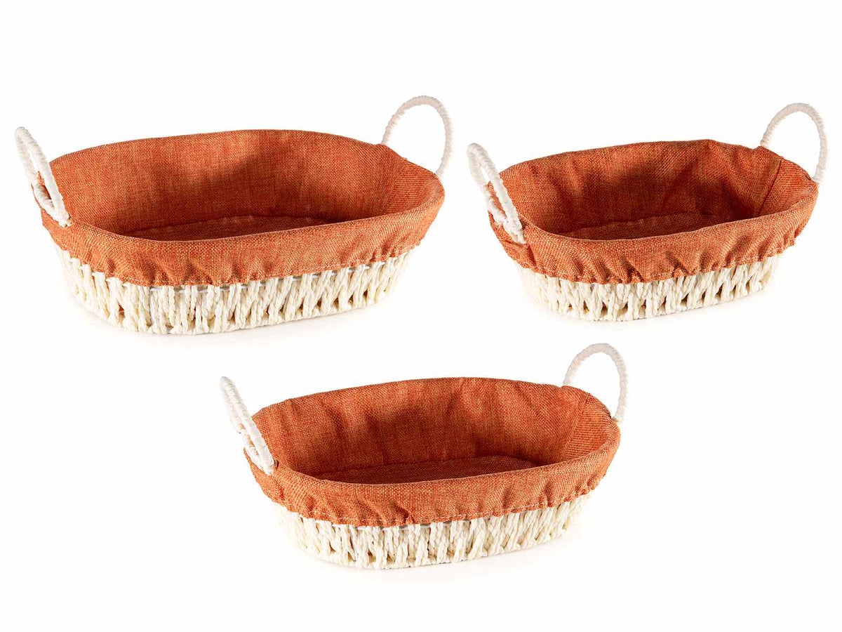 Cestini in corda di carta con manici e rivestimento interno di stoffa colorata, set da 2 pezzi, Grande: cm 36,5x25,5x9 H