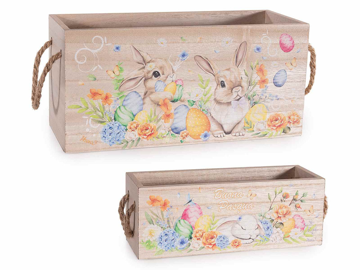 Cestini di Pasqua in legno con manici in corda e stampa coniglietti in set, set da 2 pezzi, Grande: 25 x 10 x 12 H
