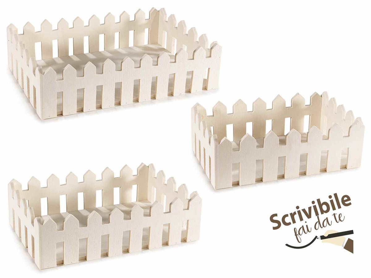 Cestini a cassette di legno naturale a forma di staccionata, set da 2 pezzi, Grande: cm 29 x 20 x 7,5 H