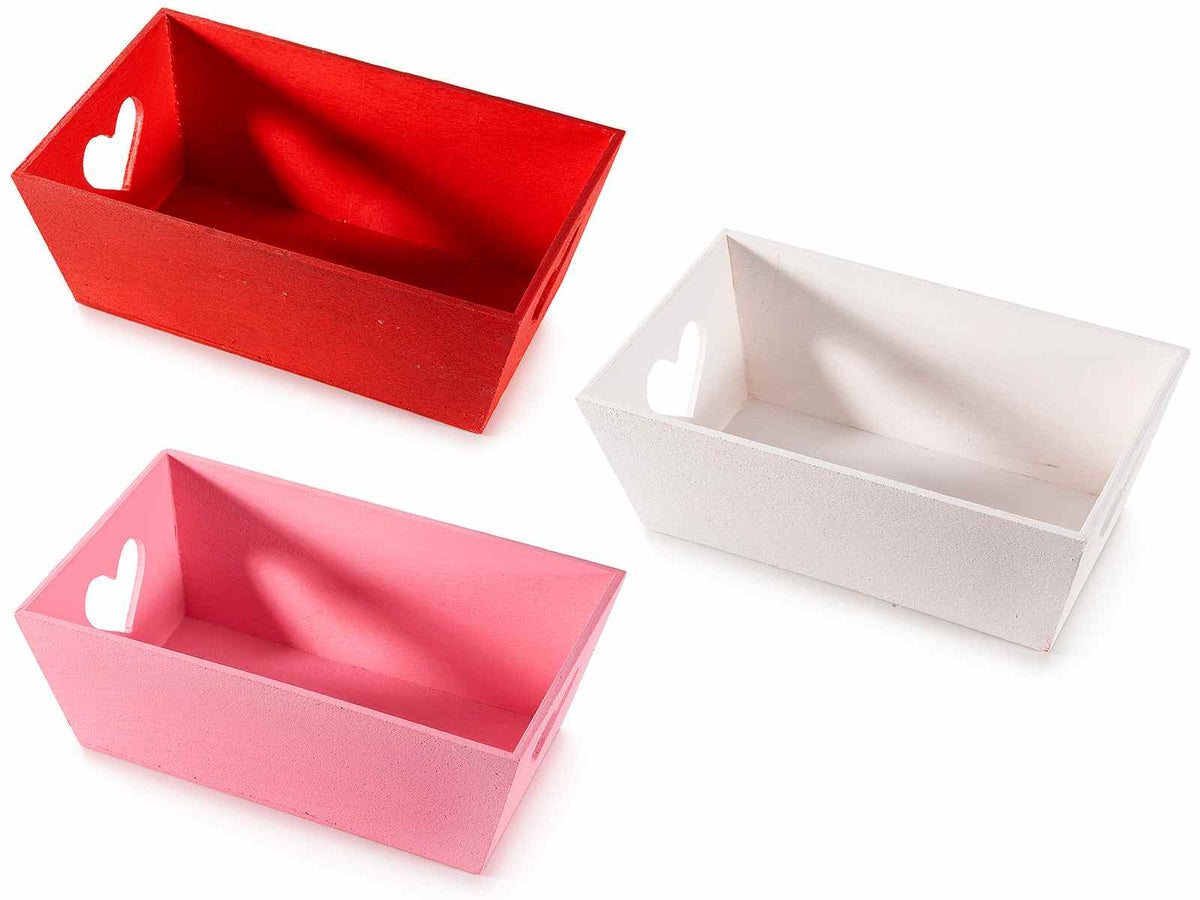 Cestini / cassetta in legno colorato rosso bianco e rosa con manici intagliati, set da 18 pezzi, cm 16 x 9,5 x 6 H