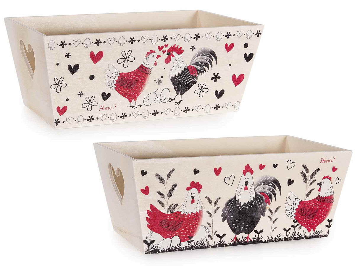 Cestini in legno con stampa colorata a gallinelle e manici intagliati a cuore, set da 8 pezzi, cm 20 x 12 x 8 H