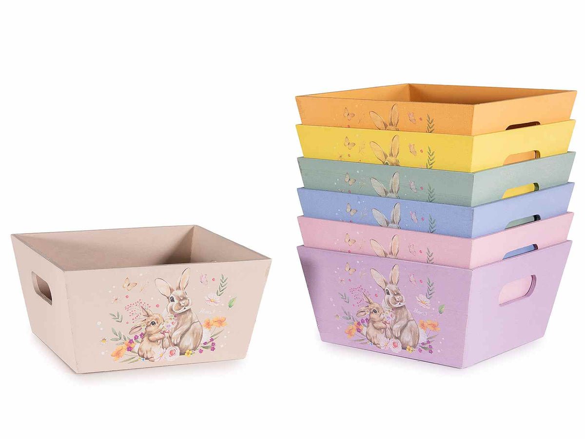 Cestini di Pasqua a cassetta in legno con manici intagliati e stampa, set da 7 pezzi, cm 16 x 16 x 8 H