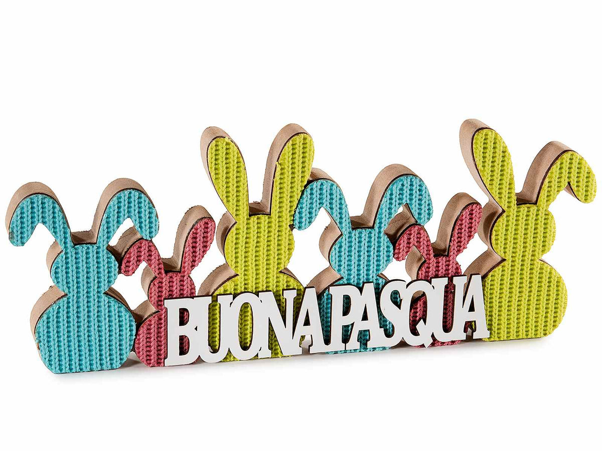Scritte decorative di Buona Pasqua in legno con coniglietti in maglina colorata, set da 4 pezzi, cm 30,5 x 2,5 x 12 H