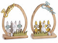 Uovo decorativo di Pasqua in legno con coniglio e scritta Easter da appoggiare, set da 6 pezzi, cm 12 x 6 x 16,5 H