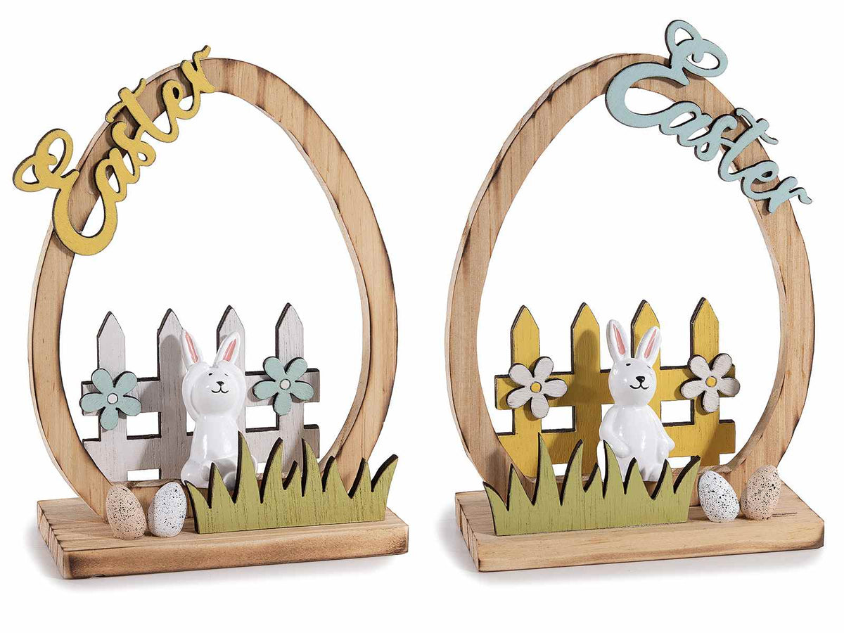 Uovo decorativo di Pasqua in legno con coniglio e scritta Easter da appoggiare, set da 6 pezzi, cm 12 x 6 x 16,5 H