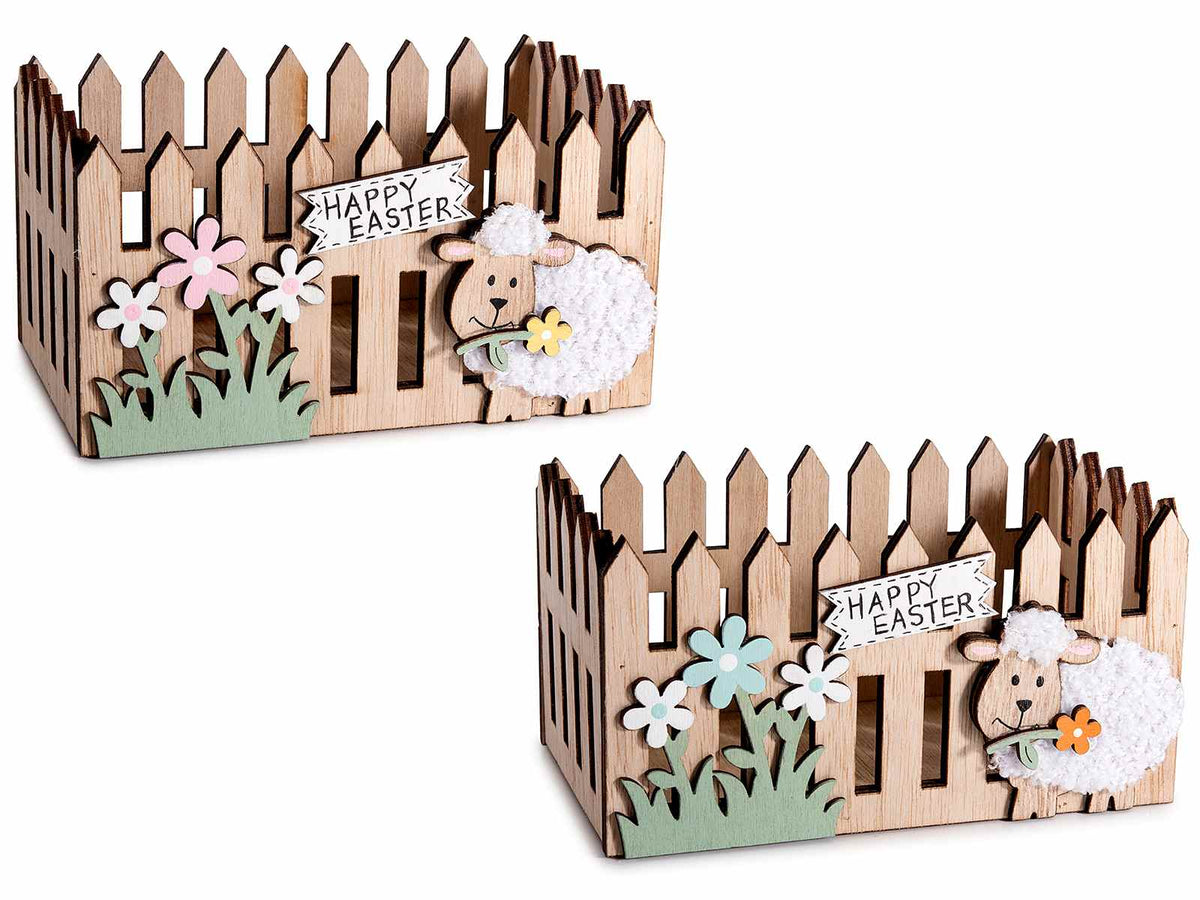 Cassette / cestini in legno a staccionata con pecorella in morbida lana, set da 6 pezzi, cm 15 x 9 x 8 H