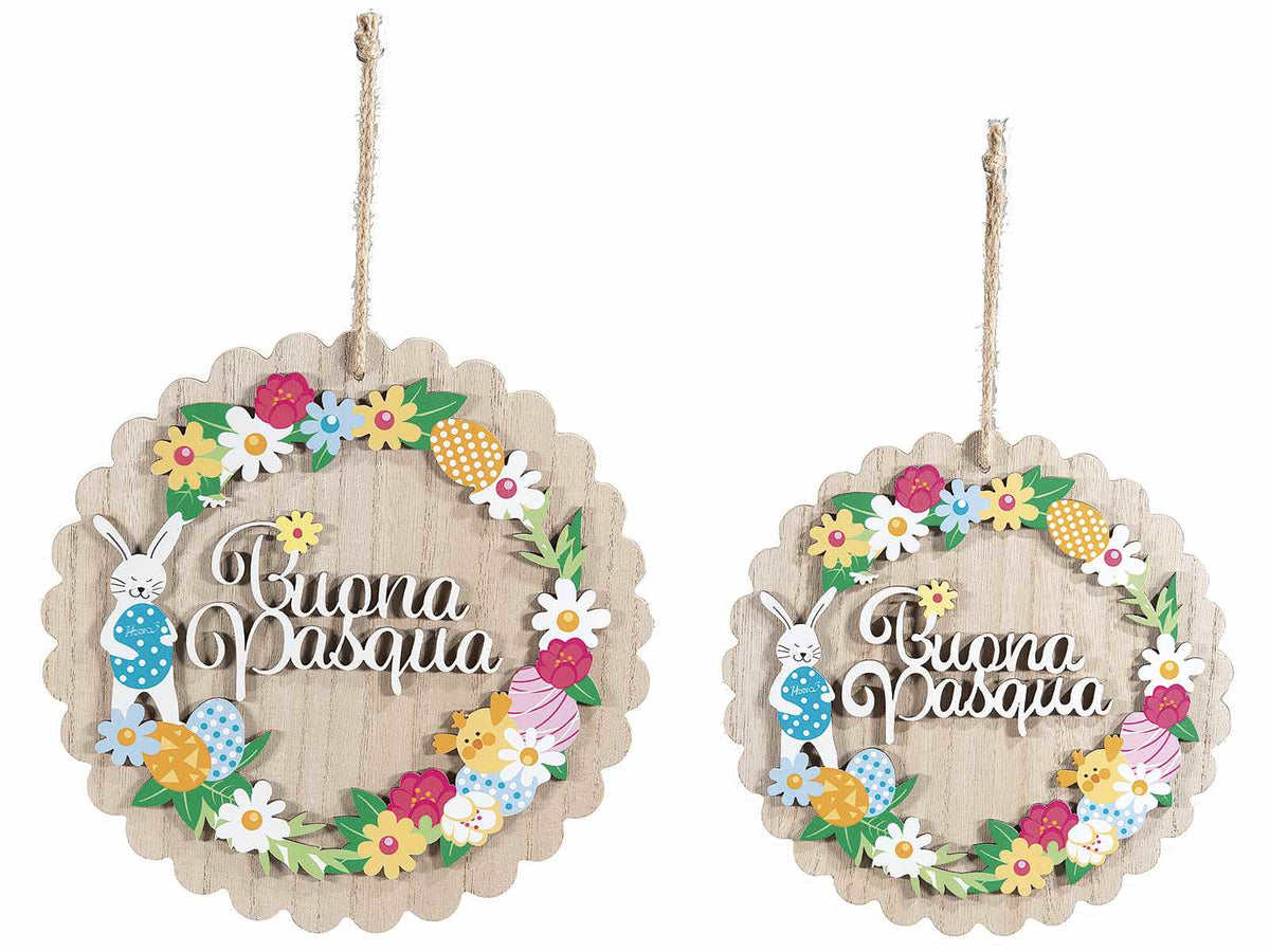 Ghirlande Buona Pasqua in legno da appendere con decori con coniglietti e fiori, set da 2 pezzi, Grande: Ø 24 cm