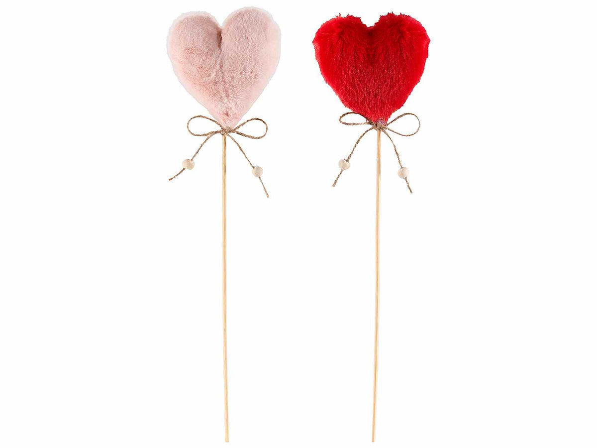 Stick in legno con cuori morbidi in eco-fur nei colori rosso e rosa, decorati, set da 18 pezzi, cm 7 H (con stick 32)