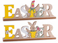 Scritte pasquali decorative Easter in legno colorato con personaggio pasquale, set da 12 pezzi, cm 30 x 4,5 x 10,5 H