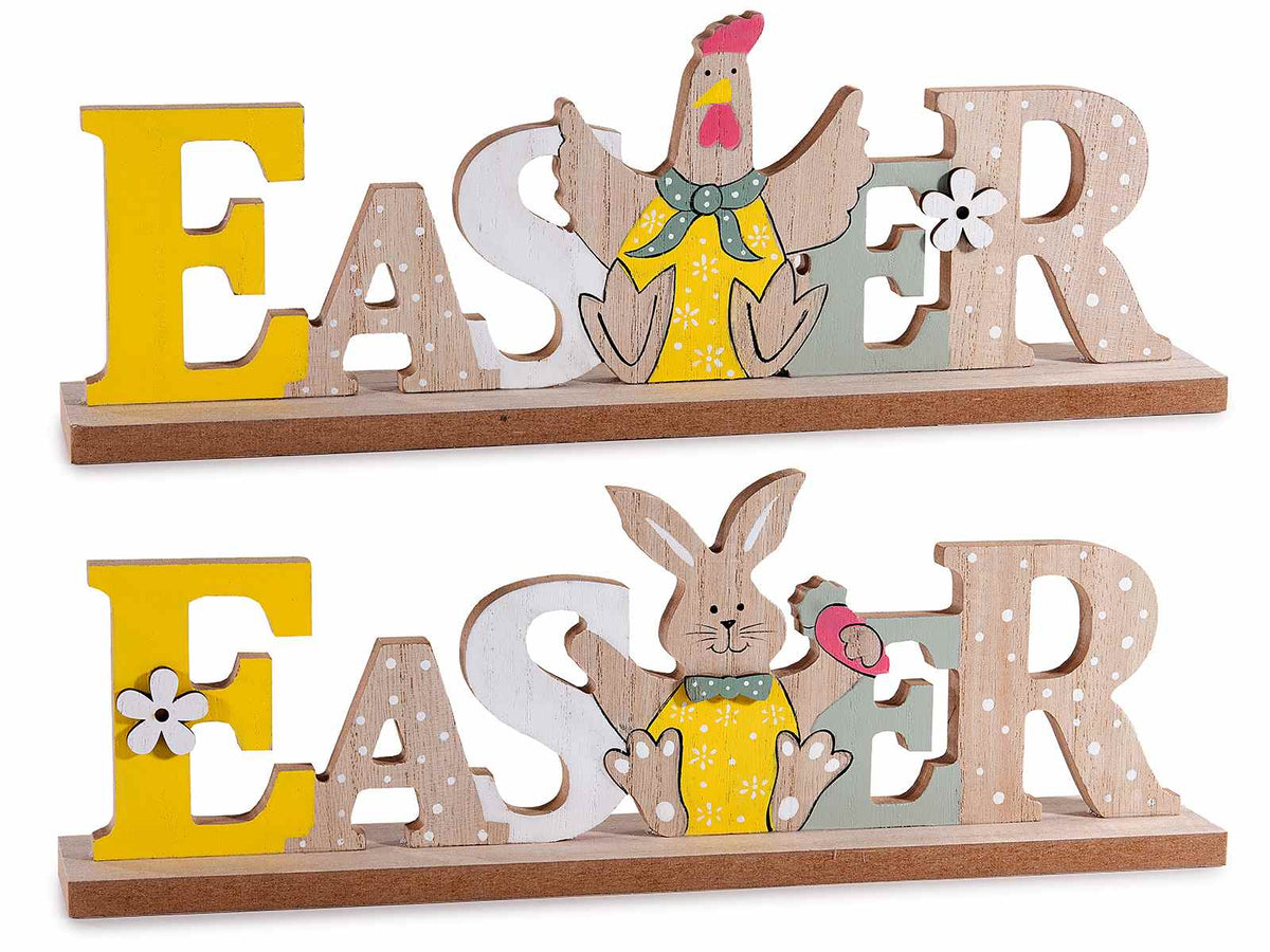 Scritte pasquali decorative Easter in legno colorato con personaggio pasquale, set da 12 pezzi, cm 30 x 4,5 x 10,5 H