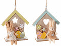 Casette pasquali in legno con intagli e coniglietto in peluche da appendere, set da 4 pezzi, cm 13,5 x 8 x 14,5 H