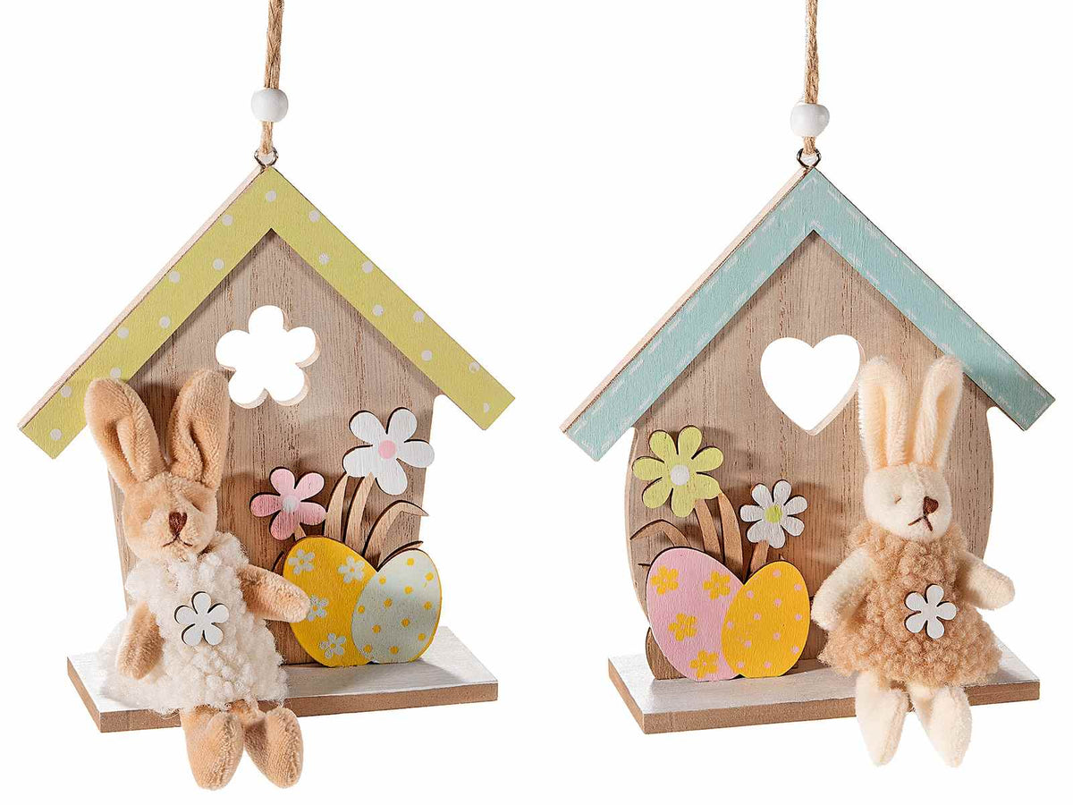Casette pasquali in legno con intagli e coniglietto in peluche da appendere, set da 4 pezzi, cm 13,5 x 8 x 14,5 H