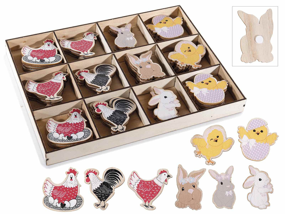 Decorazioni biadesivo pasquali a gallina,coniglietto e pulcino in legno, cm 6 x 5,5 H