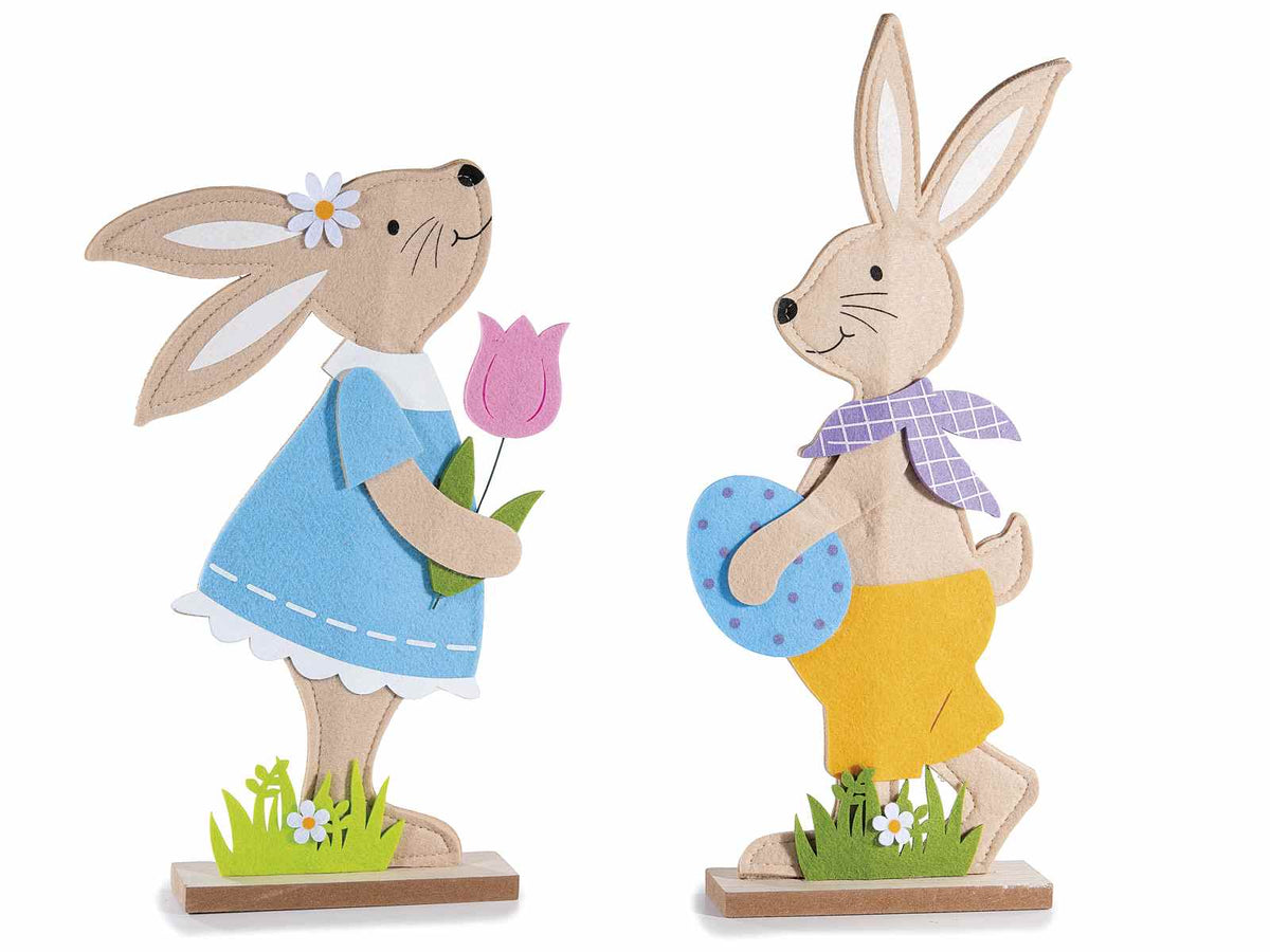 Coppia di coniglietti pasquali in legno e panno colorato da appoggiare, set da 4 pezzi, cm 19 x 5 x 42 H