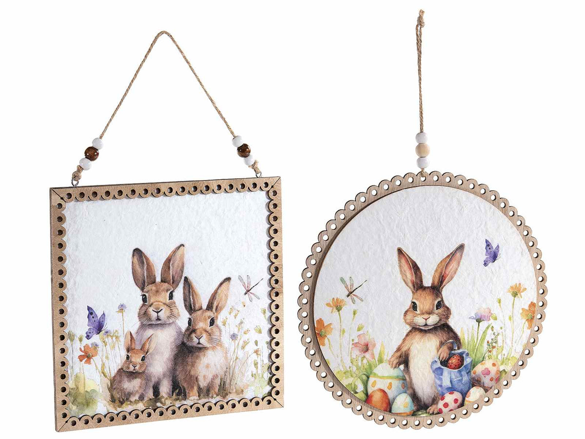 Quadretti pasquali decorativi in legno con stampa coniglietti da appendere, set da 6 pezzi, Rotondo: Ø 22 cm