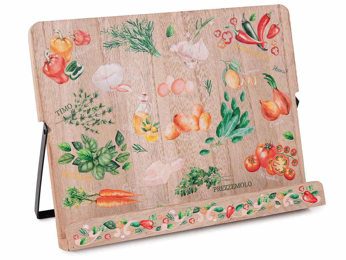 Leggìo da cucina in legno per ricette con supporto in metallo e stampa verdure, set da 4 pezzi, cm 28 x 4,5 x 21,5 H