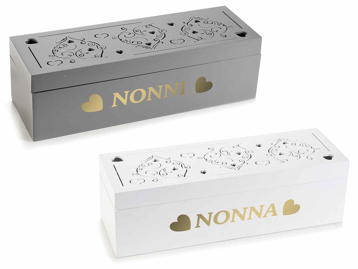 Scatole tè / spezie in legno traforato a cuore per nonni, set da 4 pezzi, cm 24 x 8 x 7 H