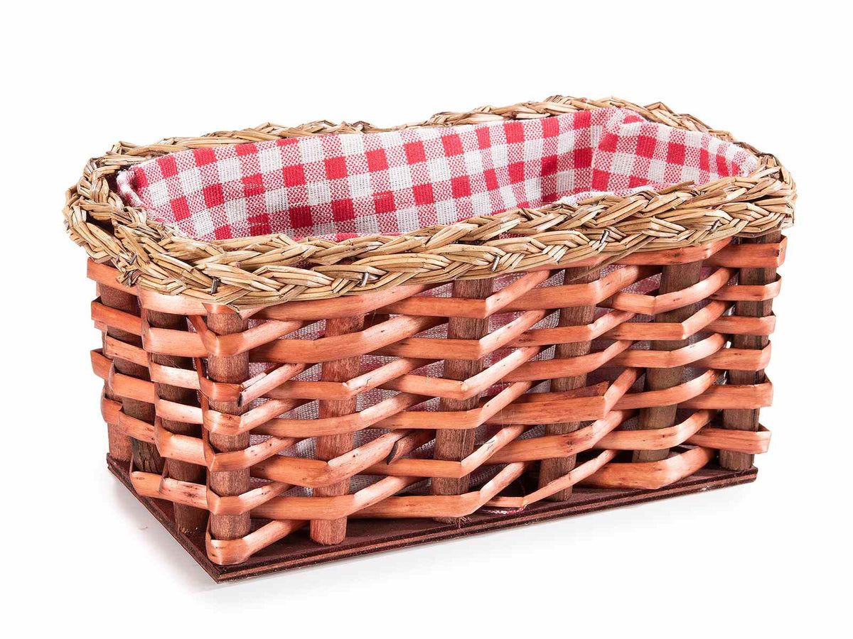 Cestini in legno intrecciato con stoffa interna a quadretti, set da 6 pezzi, cm 24,5 x 13 x 11 H