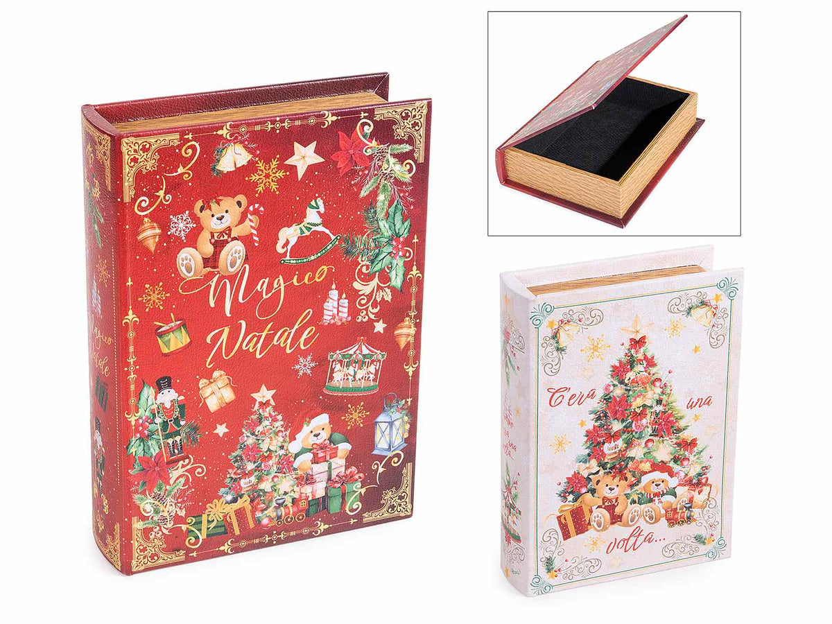 Scatole di Natale a libro in legno foderato con decorazioni natalizie dal, set da 2 pezzi, Grande: cm 18 x 25 x 5,5 H