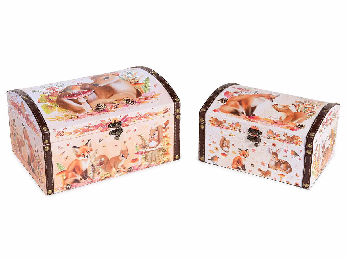 Scatole a bauletto in legno foderato con stampa autunnale animali del bosco, Grande: cm 28x20,5x15,5 H