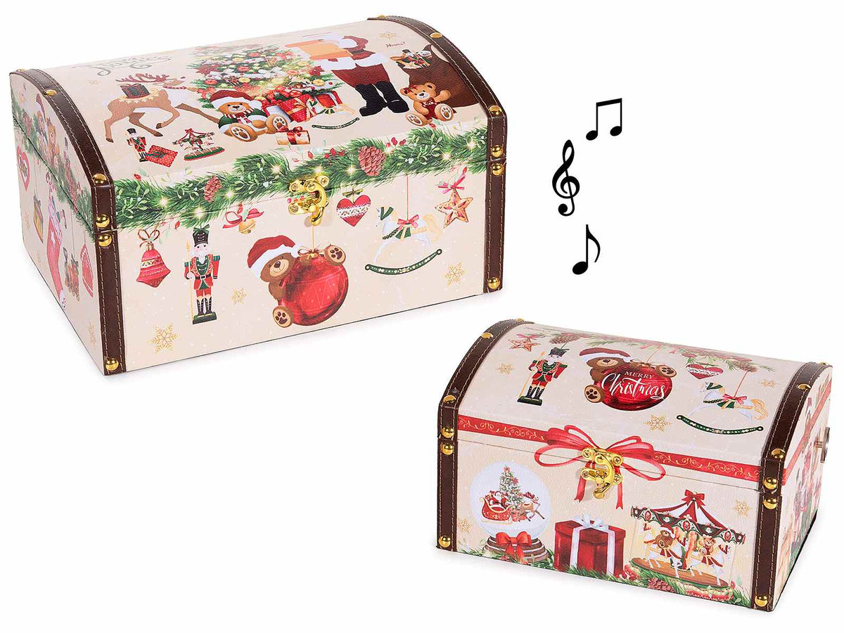 Carillon di Natale a scatola bauletto in legno foderato con stampa di Natale, Grande: cm 28x20,5x15,5 H