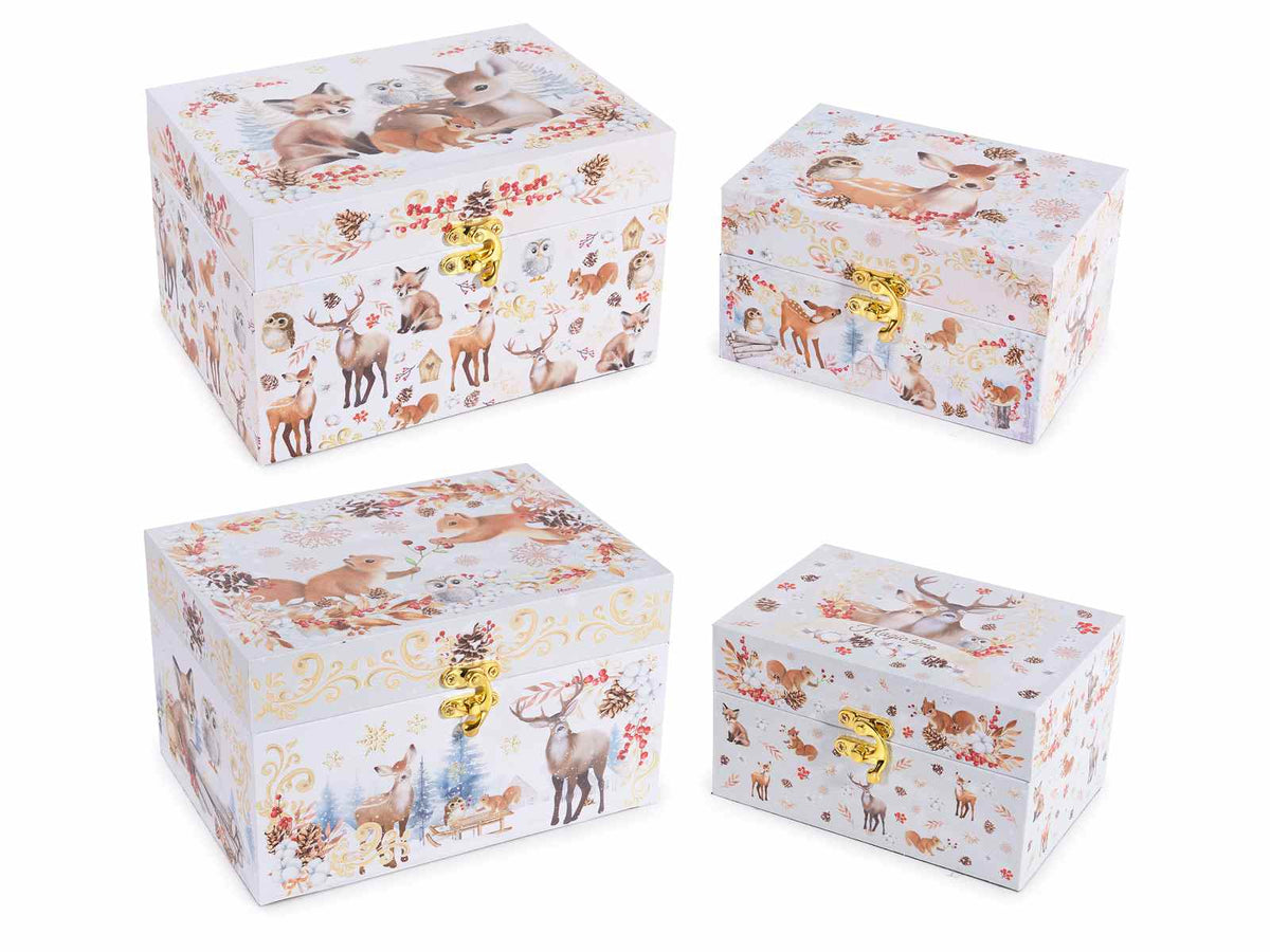 Scatole di Natale in legno rivestito con fantasia renne e animaletti, set da 2 pezzi, Grande: cm 20 x 14 x 12 H