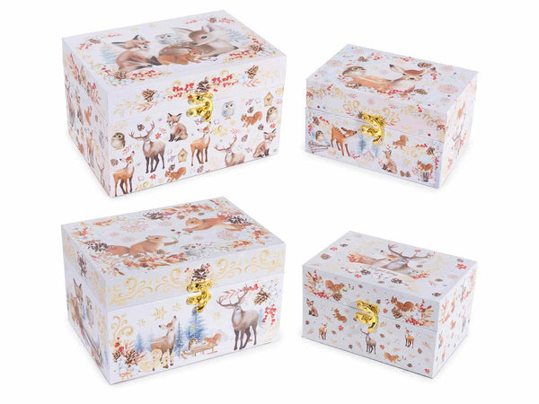 Scatole di Natale in legno rivestito con fantasia renne e animaletti, set da 2 pezzi, Grande: cm 20 x 14 x 12 H