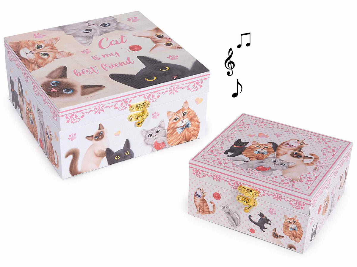 Scatole con carrillon in legno foderato con fantasia gatti, in set da due pezzi, Grande: cm 20 x 20 x 10 H
