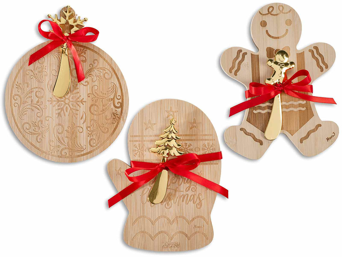 Set regalo tagliere di Natale / set aperitivo in legno a forma di pallina, set da 3 pezzi, Guanto: cm 15 x 20 H