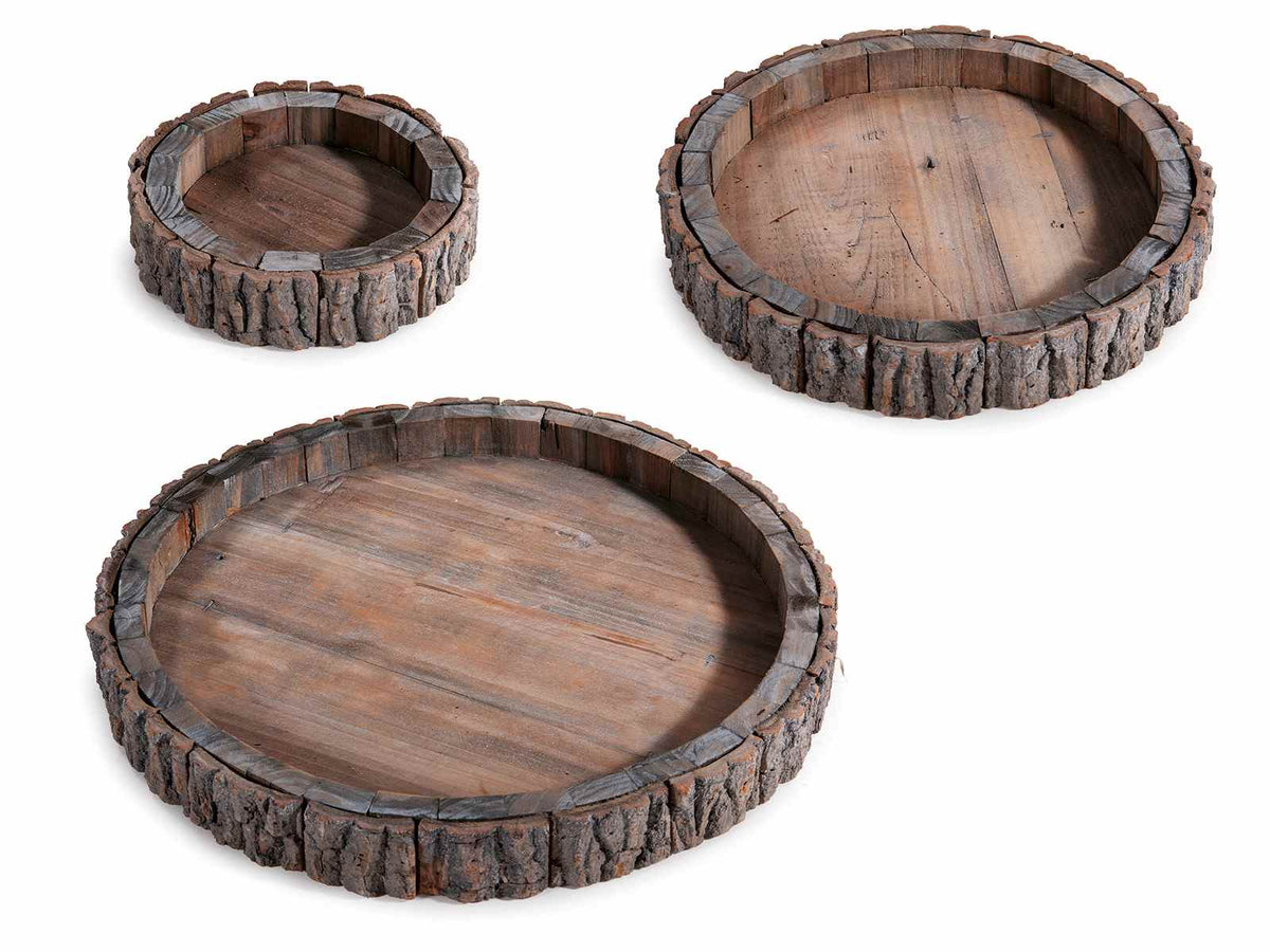 Vassoio rotondo in legno e bordo con corteccia, Grande: Ø 37 cm x 4 H