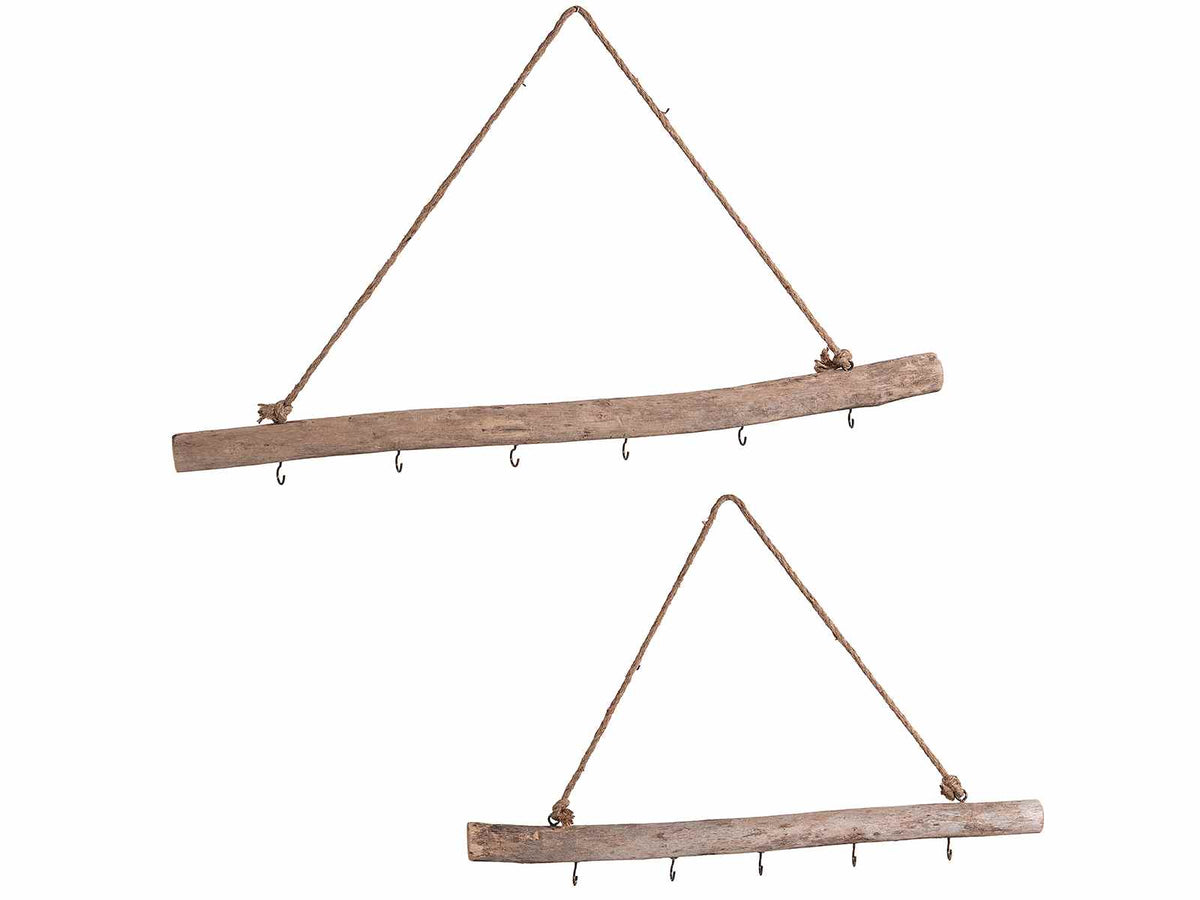 Appendino realizzato in legno rustico con ganci su ramo, con corda in set, set da 3 pezzi, Grande: cm 80 x 4 x 6 H
