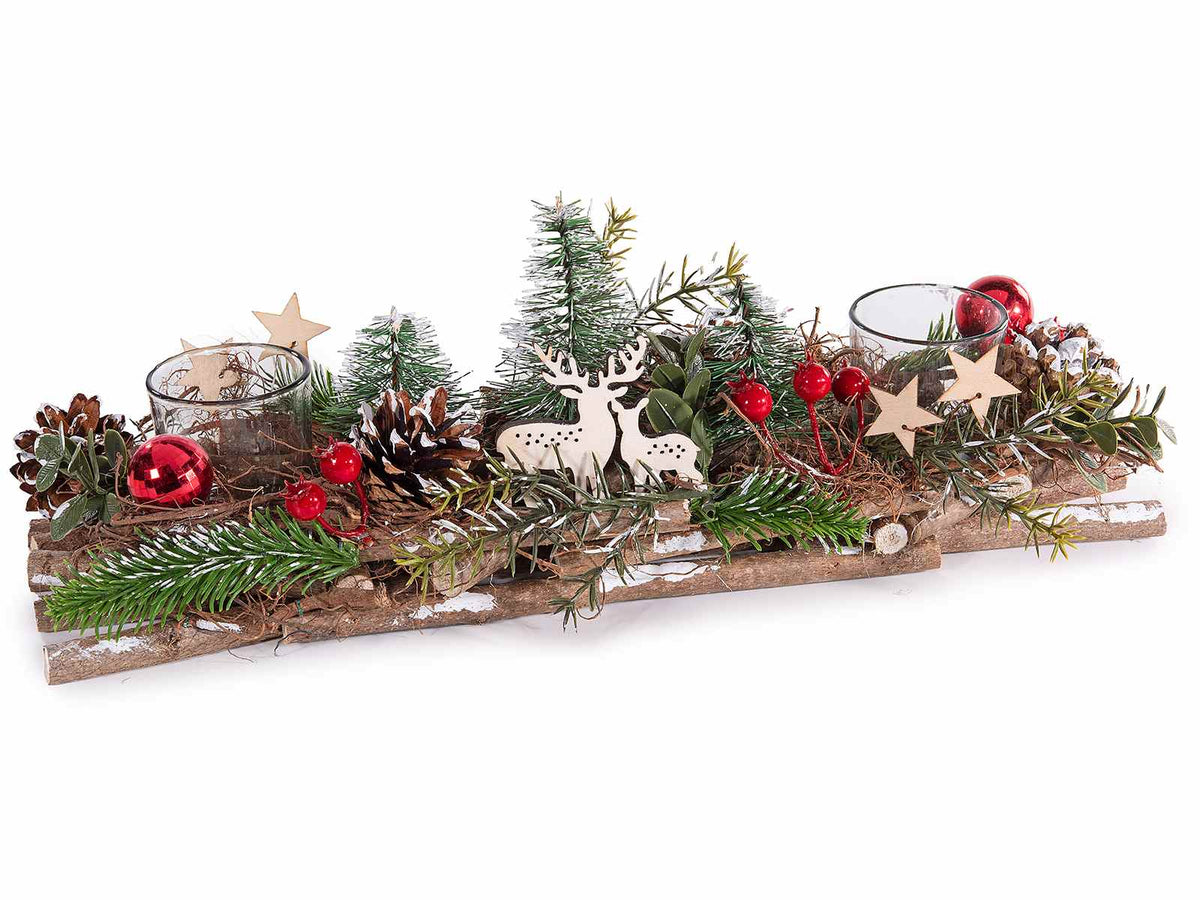 Centrotavola innevato di Natale con 2 vasetti portacandela tealight, base, set da 2 pezzi, cm 40 x 12 x 13 H
