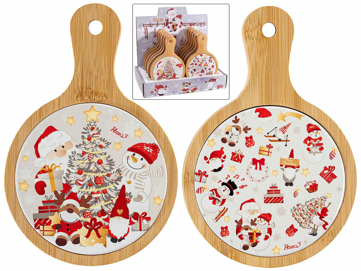 Taglieri / sottopentola di Natale in legno e ceramica decorata con soggetti, set da 12 pezzi, cm 12 x 18 H
