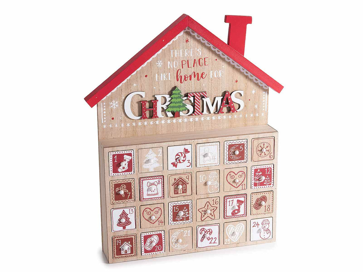 Calendari dell'Avvento in legno a casetta con scritta Christmas. Dotato di 24, cm 30 x 5,5 x 35 H